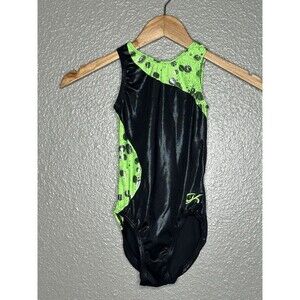 Gk Elite Child Medium Black Neon Green Leotard Gymnastics Dance Tumble